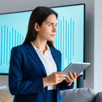 A professional woman, fully clothed in modest business casual attire, stands thoughtfully in a modern, light-filled living room. She holds a tablet, with a subtle expression of contemplation. Smart home devices like a sleek smart speaker and a smart TV are subtly integrated into the background. Abstract, glowing blue lines represent a secure network, subtly interwoven with faint, darker lines that hint at potential digital vulnerabilities. The atmosphere is calm but with an underlying sense of vigilance. Professional photography, high quality, perfect anatomy, correct proportions, natural pose, well-formed hands, proper finger count, natural body proportions, safe for work, appropriate content, family-friendly.