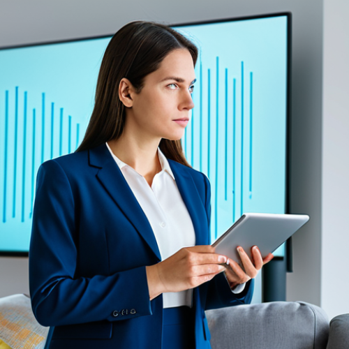 A professional woman, fully clothed in modest business casual attire, stands thoughtfully in a modern, light-filled living room. She holds a tablet, with a subtle expression of contemplation. Smart home devices like a sleek smart speaker and a smart TV are subtly integrated into the background. Abstract, glowing blue lines represent a secure network, subtly interwoven with faint, darker lines that hint at potential digital vulnerabilities. The atmosphere is calm but with an underlying sense of vigilance. Professional photography, high quality, perfect anatomy, correct proportions, natural pose, well-formed hands, proper finger count, natural body proportions, safe for work, appropriate content, family-friendly.