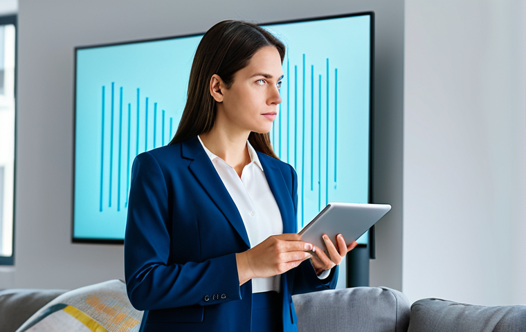 A professional woman, fully clothed in modest business casual attire, stands thoughtfully in a modern, light-filled living room. She holds a tablet, with a subtle expression of contemplation. Smart home devices like a sleek smart speaker and a smart TV are subtly integrated into the background. Abstract, glowing blue lines represent a secure network, subtly interwoven with faint, darker lines that hint at potential digital vulnerabilities. The atmosphere is calm but with an underlying sense of vigilance. Professional photography, high quality, perfect anatomy, correct proportions, natural pose, well-formed hands, proper finger count, natural body proportions, safe for work, appropriate content, family-friendly.