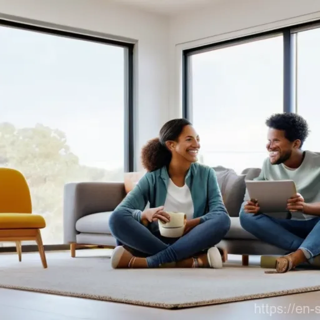 AI 집사 서비스의 복잡성 단순화 방안 - **A Cohesive Smart Home Morning:** A brightly lit, modern open-plan living area at dawn. A diverse f...