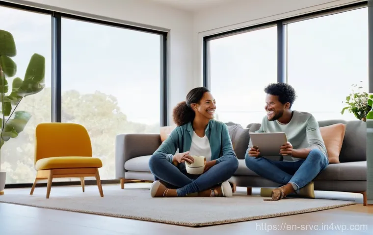 AI 집사 서비스의 복잡성 단순화 방안 - **A Cohesive Smart Home Morning:** A brightly lit, modern open-plan living area at dawn. A diverse f...