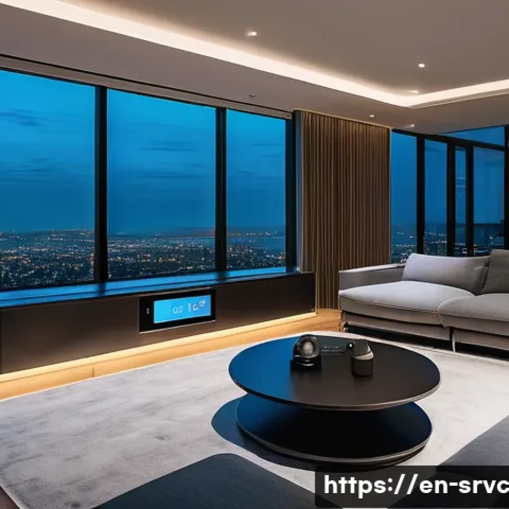 AI 집사 서비스와 관련된 최신 연구 동향 - A modern smart home living room scene at dusk, featuring an AI butler device on a sleek console tabl...
