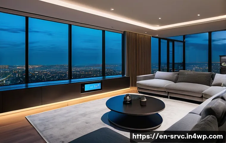AI 집사 서비스와 관련된 최신 연구 동향 - A modern smart home living room scene at dusk, featuring an AI butler device on a sleek console tabl...