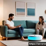 Home 22 AI 집사 서비스의 인공지능 기술 발전 - A modern, stylish living room at dusk with a sleek AI home assistant device on a side table, softly ...