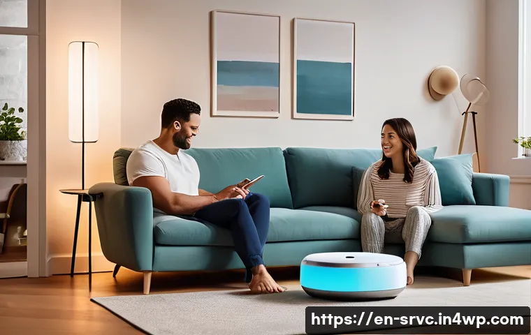 AI 집사 서비스의 인공지능 기술 발전 - A modern, stylish living room at dusk with a sleek AI home assistant device on a side table, softly ...