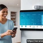 Home 21 AI 집사 서비스의 사용자 경험 개선 방안 - A futuristic smart home environment featuring a diverse family interacting seamlessly with an AI but...