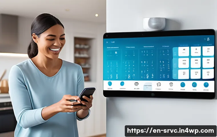 AI 집사 서비스의 사용자 경험 개선 방안 - A futuristic smart home environment featuring a diverse family interacting seamlessly with an AI but...