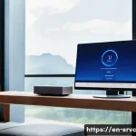 Home 20 AI 집사 서비스의 보안 강화 조치 - A modern smart home living room featuring an AI butler device prominently placed on a sleek wooden s...