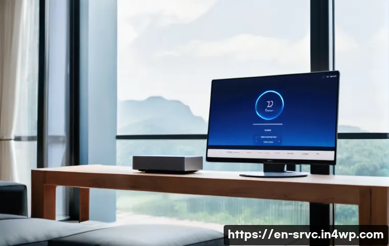 AI 집사 서비스의 보안 강화 조치 - A modern smart home living room featuring an AI butler device prominently placed on a sleek wooden s...