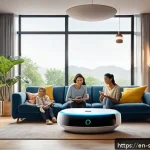 Home 19 AI 집사 서비스의 테스트 및 검증 과정 - A modern smart home living room scene showing a diverse family interacting with a sleek AI voice ass...