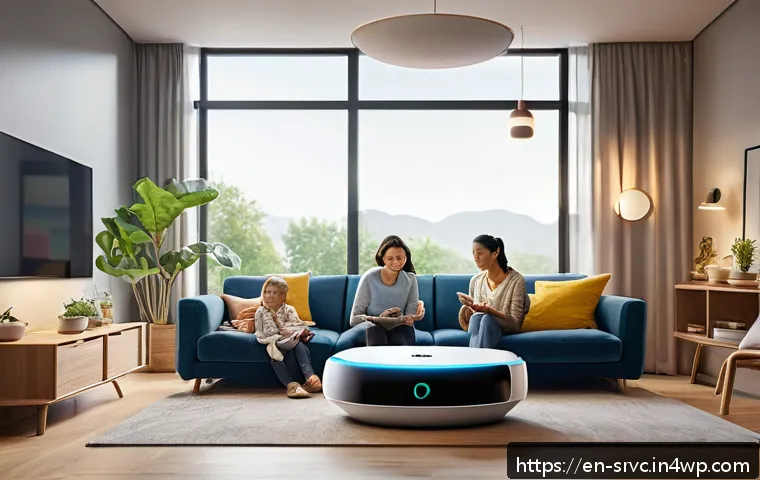 AI 집사 서비스의 테스트 및 검증 과정 - A modern smart home living room scene showing a diverse family interacting with a sleek AI voice ass...