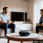 Home 18 AI 집사 서비스의 사용 통계 분석 - A modern living room scene featuring a diverse family interacting naturally with an AI butler smart ...