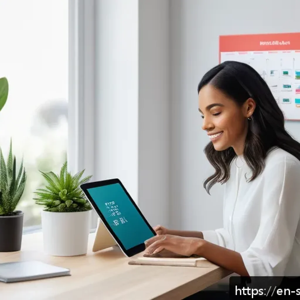 AI 집사 서비스를 통한 시간 관리 팁 - A modern home office scene featuring a diverse professional woman using a sleek AI butler interface ...