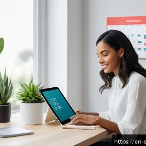 Home 17 AI 집사 서비스를 통한 시간 관리 팁 - A modern home office scene featuring a diverse professional woman using a sleek AI butler interface ...